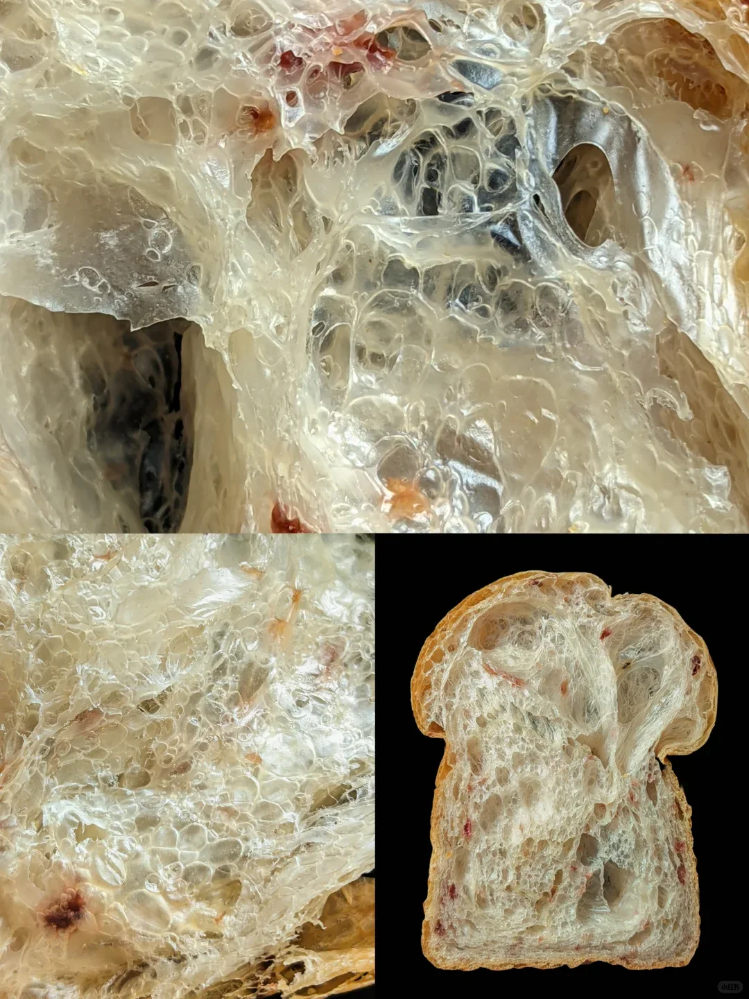 A three-panel photograph of a bread slice and close-up views of its fine, airy crumb.