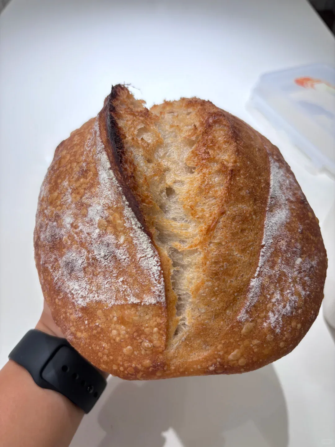 A hand holding a flour-dusted round loaf with a golden crust and a deeply opened score.