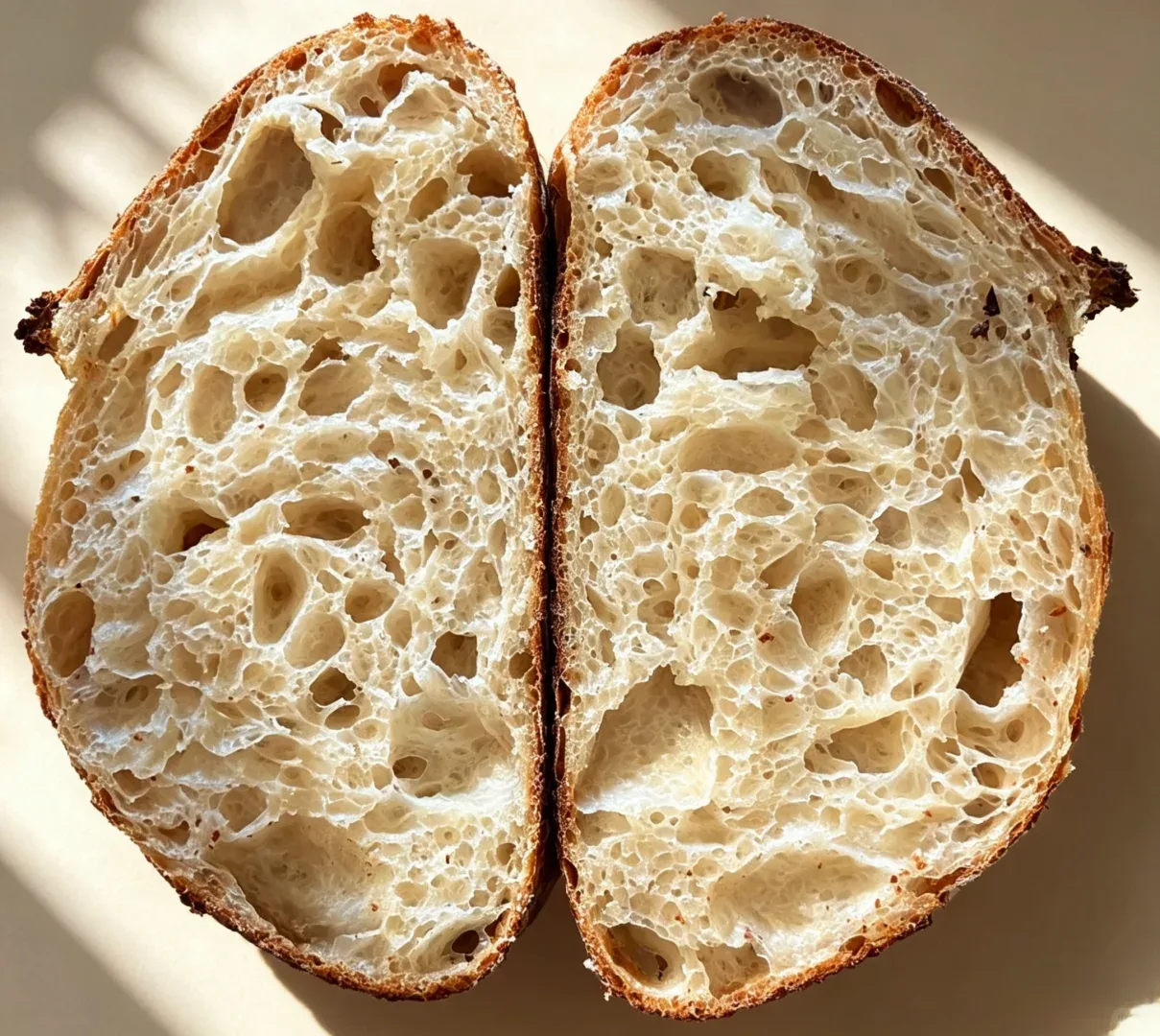 Two halves of a golden-crusted loaf, showing a pale interior with large, irregular air pockets.