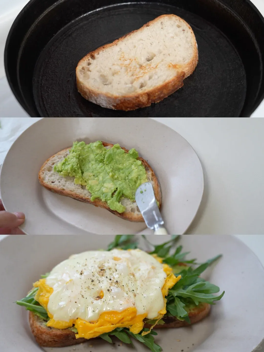 A three-panel photograph showing bread in a pan, an avocado topping being spread, and a finished toast with egg and greens.